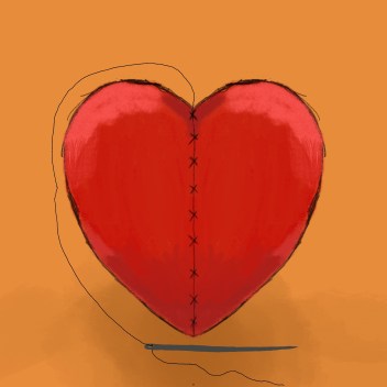A red heart with stitching up the middle holding it together. There is a needle and thread sat underneath.