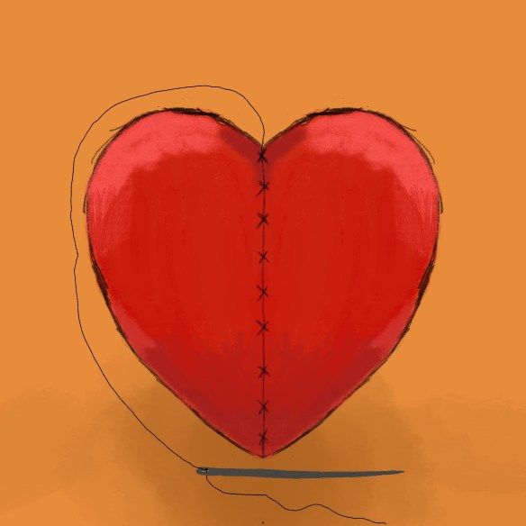 A red heart with stitching up the middle holding it together. There is a needle and thread sat underneath.
