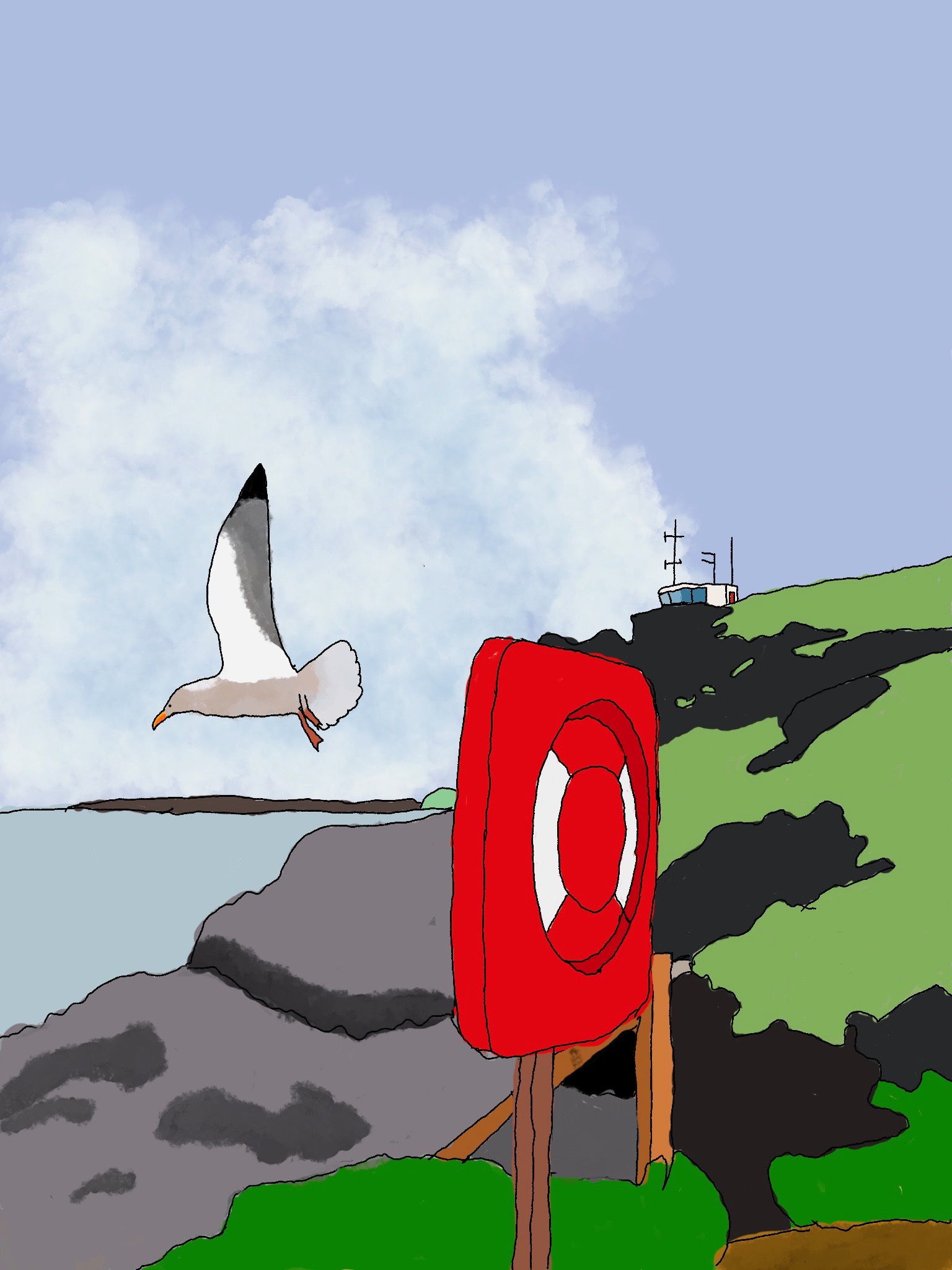  A white seagull has taken flight from its perch on top of a life ring. In the background are rocks, and the ocean. On top of the hill is a lookout station for boats.