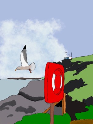  A white seagull has taken flight from its perch on top of a life ring. In the background are rocks, and the ocean. On top of the hill is a lookout station for boats.