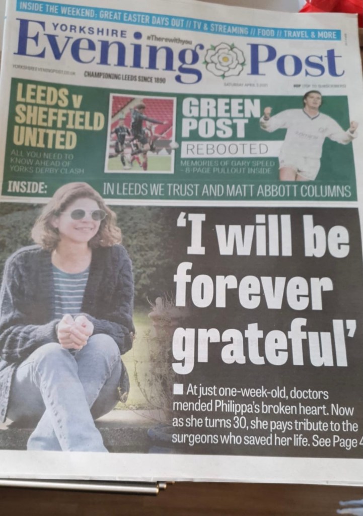 Me on the front page of the Yorkshire Evening Post. Headline 'I will be forever greatful'