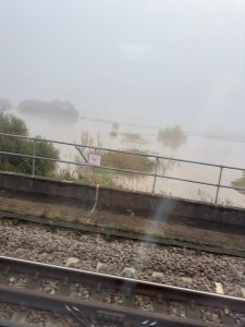 Train tracks outside with a barrier. After the barrier is water with some shrubs peaking out from underneath. 