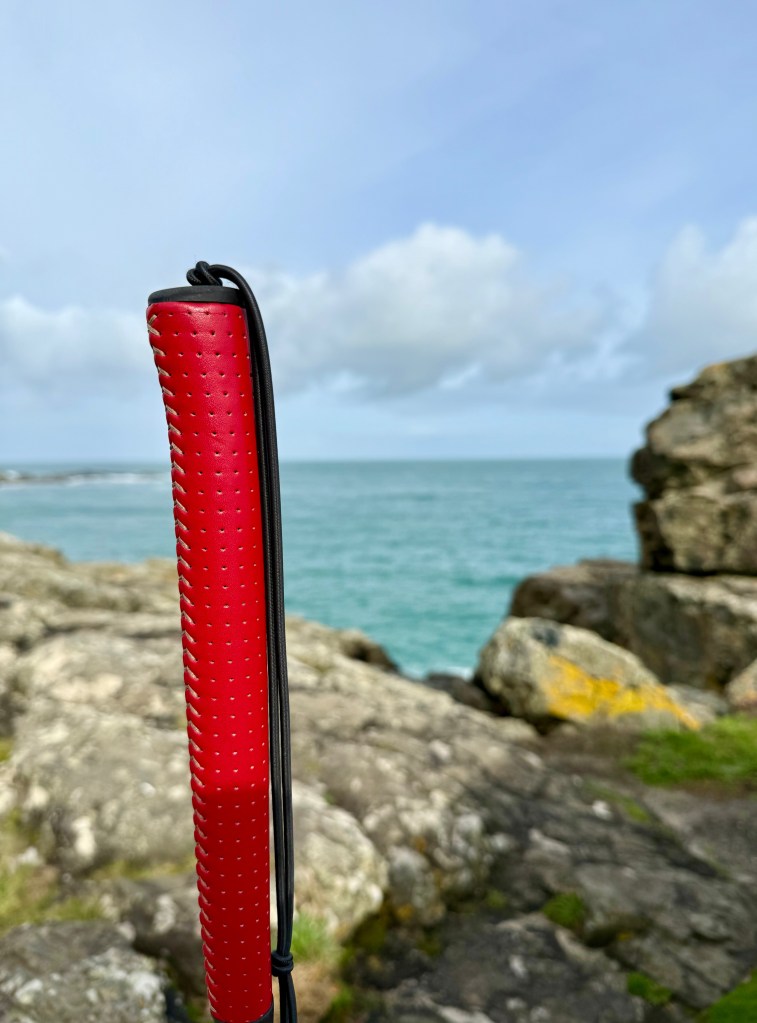 A red cane handle in the foreground. Behind is the ocean with some rocks. 
